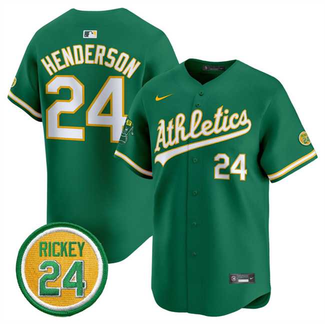 Men%27s Oakland Athletics #24 Rickey Henderson Green 2024 Limited With Rickey Henderson Patch Stitched Jersey Dzhi